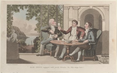 1822 年 1 月 1 日、The History o... より、Quae Genus Engaged with Jovial Friends、Or-Who Sings Best 作： Thomas Rowlandson