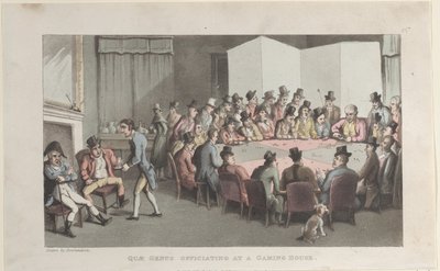 1821 年 11 月 1 日、「The History of Johnny Quae Gen...」より、賭博場で司会を務める Quae Genus。 作： Thomas Rowlandson