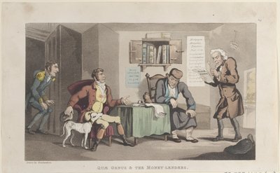 Quae Genus & The Money Lenders、The History of Johnny Quae Genus、The L...、1821 年 9 月 1 日より。 作： Thomas Rowlandson