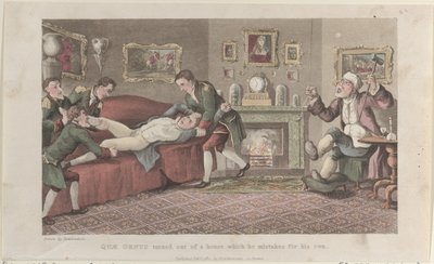 1822 年 2 月 1 日、The Hist... より、Quae Genus は自分の家と間違えた家から出て行った。 作： Thomas Rowlandson