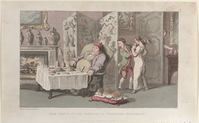 1821 年 8 月 1 日、The History of Johnny からの、Sr. Jeffery Gourmand に仕える Quae Genus。 作： Thomas Rowlandson