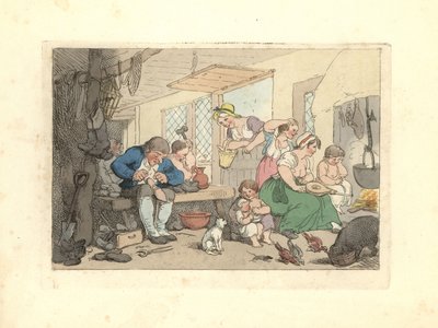 リージェンシー時代の靴修理職人が、混雑した部屋で靴を修理している様子。 作： Thomas Rowlandson