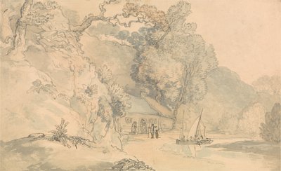 小舟が浮かぶ川の風景 作： Thomas Rowlandson