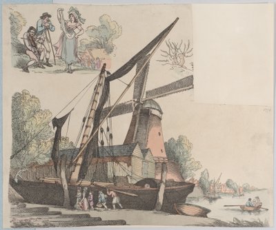 1791 年 1 月 20 日、図版 9 の風車のある川の風景、人物、風景、風景の概要。 作： Thomas Rowlandson