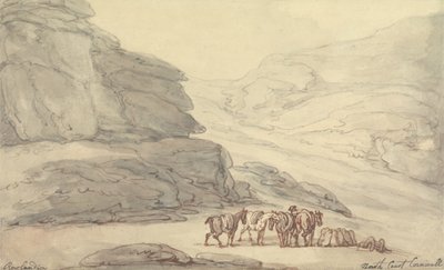 コーンウォールの北海岸の岩の多いシーン（ペンとインク、紙に水彩） 作： Thomas Rowlandson