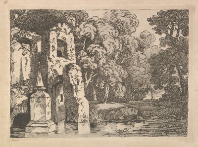 樹木が茂った風景のプールの隣の遺跡、1783〜84年。 作： Thomas Rowlandson