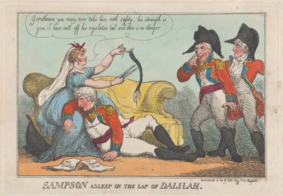 ダリラの膝の上で眠るサンプソン、1809 年 3 月 19 日。、1809 年 3 月 19 日。 作： Thomas Rowlandson