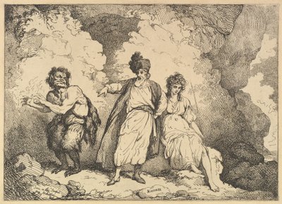 テンペスト』のシーン。Caliban, Prospero and Miranda, [1783-87] reissued 1801. 作： Thomas Rowlandson