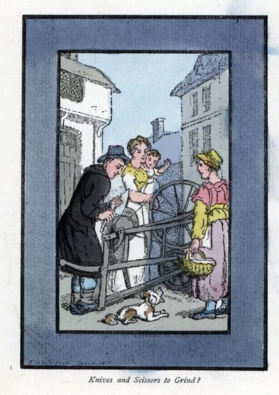 砥石でナイフを研ぐ研ぎ師とその顧客たち（1819年）。トーマス・ローランドソン（1756-1827）の絵をもとにした木版画、『The Cris of London: with six charming children and nearly 40 illustrations, by Andrew Tuer, Fiel』に掲載されています。 作： Thomas Rowlandson