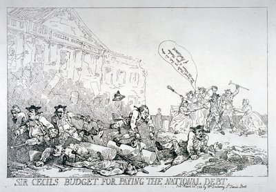 「国債を支払うためのセシル卿の予算」、1874 年。 作： Thomas Rowlandson