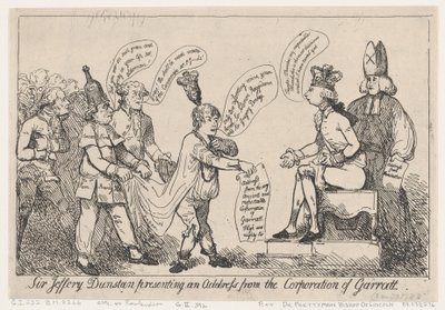 1788 年 12 月 30 日、デラウェア州ガラット社からの演説を行うサー ジェフリー ダンスタン。 作： Thomas Rowlandson