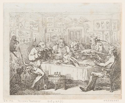 サー・ジョセフ・バンクスがワニを食べようとしている「ザ・フィッシュ・サパー」、1788年以降、1788年以降。 作： Thomas Rowlandson
