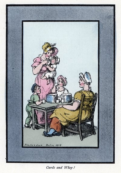 ウズラのミルクと牛乳を売る座った女性には母親と子供がいる（1819年）。トーマス・ローランドソン（1756-1827）の絵をもとにした木版画で、『The Cris of London: with six charming children and nearly 40 illustrations, by Andrew Tuer, Field』に掲載されています。 作： Thomas Rowlandson