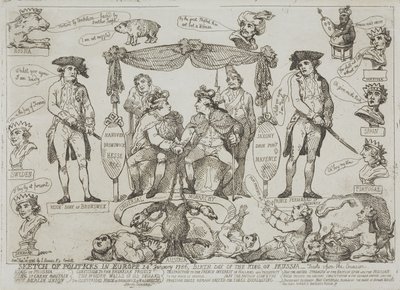 『ヨーロッパ政治概観』、1786年1月24日 - プロイセン王の誕生日 作： Thomas Rowlandson