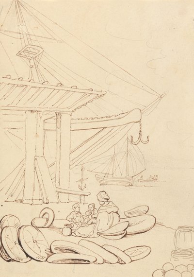 埠頭に座る女性と子供たちのスケッチ 作： Thomas Rowlandson