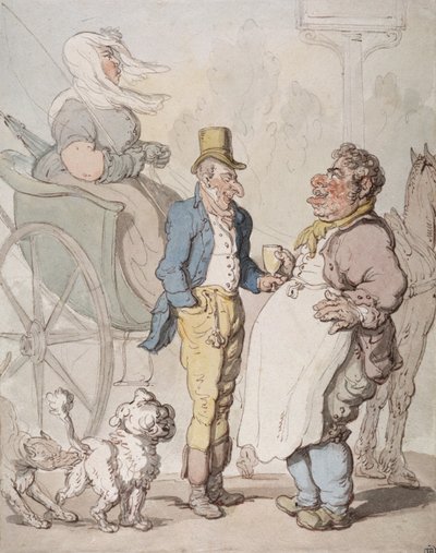 ほっそりしたビリー、軽食をとる旅行者（紙に水彩） 作： Thomas Rowlandson