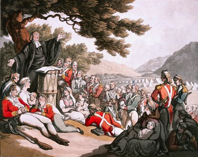 1798年頃の神の奉仕に参加する兵士 作： Thomas Rowlandson