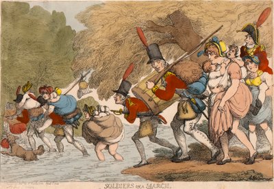 行進する兵士たち: 「ボロボロを片付けて太鼓をたどる」 作： Thomas Rowlandson