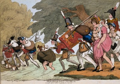 3月の兵士、GMWoodwardによる彫刻、1811年公開（カラーエッチング） 作： Thomas Rowlandson