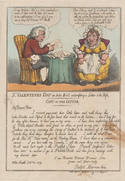 1809 年 2 月 23 日、セント バレンタインデーまたは妻への手紙を傍受するジョン ブル。 作： Thomas Rowlandson