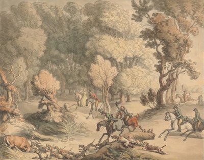 スタッグアットベイ-タプロウ、バークス、1795-1801年頃のシーン（ペン、インク、紙にボディカラーのタッチを加えた水彩画） 作： Thomas Rowlandson