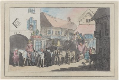 宿屋の庭の舞台コーチとライダー、出発の準備、1789-95、1789-95。 作： Thomas Rowlandson