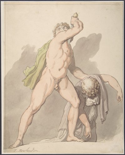失神した女性を支える立像の裸体の男性（ウフィツィ美術館所蔵のルドヴィージ・ガウル作） 作： Thomas Rowlandson