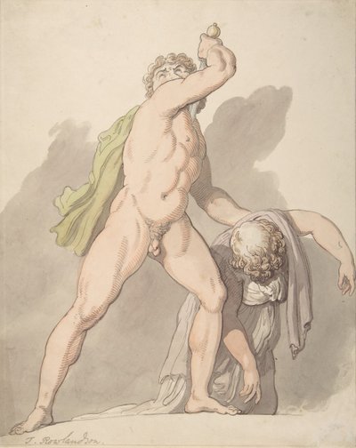 ウフィツィ美術館で失神する女性ルドヴィージ ガリアを支える裸の男性、1780-1827年。 作： Thomas Rowlandson