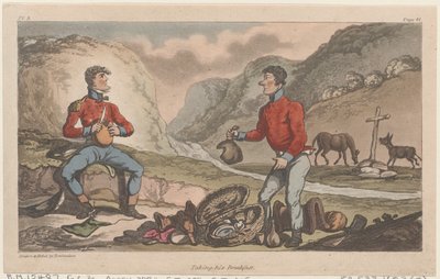 ジョニー・ニューカムの軍事冒険、1815.、1815からの彼の朝食を取る. 作： Thomas Rowlandson