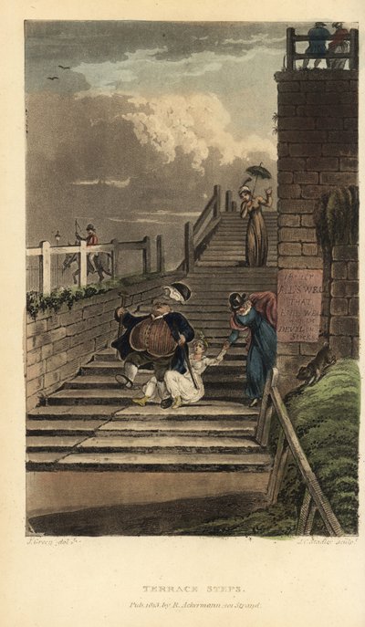 テラスの階段：観光客がクリフテラスの階段を転げ落ちる。Poetical Sketches of Scarborough, Ackermann, LondonのJ.Greenによるスケッチの後、Thomas Rowlandsonによる手彩色銅版画、J.C. Stadlerによるアクアチント。 作： Thomas Rowlandson