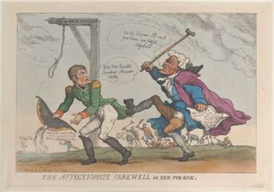 1814 年 4 月 17 日、愛情のこもった別れ、またはキックにはキック。 作： Thomas Rowlandson