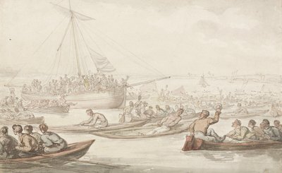 ドジェッツコートアンドバッジの年次スカルレース、c.1805-10（紙に鉛筆、ペン、インク、水彩） 作： Thomas Rowlandson