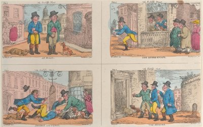 廷臣の狩り。At Fault」、「The Second Escape」、「Double and Squat」、「The Seizure」、1809. 作： Thomas Rowlandson