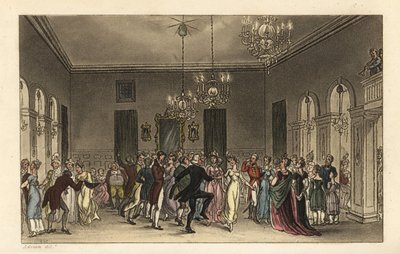 The Ball Room: Scarborough Assembly Roomsで踊るおしゃれな観光客。踊る紳士は2s、お茶を飲む婦人は1sを支払う。Poetical Sketches』のJ. GreenのスケッチにThomas Rowlandsonが描いた手彩色の銅版画。 作： Thomas Rowlandson
