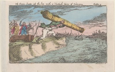 The Baron Jumps into the Sea with a Turkish piece of Ordnance, [1809], re..., [1809], reissue 1811. 作： Thomas Rowlandson