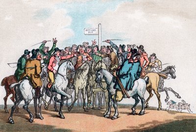 賭けのポスト、キツネ狩りのユーモア、1799年。 作： Thomas Rowlandson
