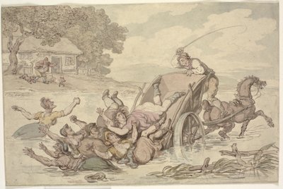 「カーターとジプシー」: 小川でカートがひっくり返され、女性のグループが水に転落した 作： Thomas Rowlandson