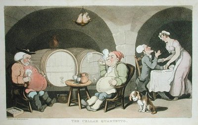 1812年に出版されたWilliam Combeの「The Tour of Dr Syntax in search of the Picturesque」から「The Cellar Quartetto」（アクアチント）。 作： Thomas Rowlandson