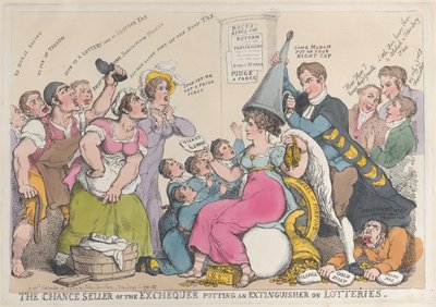 1823 年 9 月 18 日、宝くじに消火器を置く国庫のチャンス売り手。 作： Thomas Rowlandson