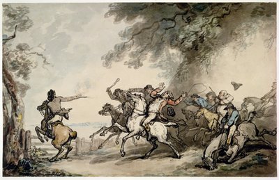 ハイウェイマンの追跡、1790年頃（紙にペン、インク、トイレ、鉛筆） 作： Thomas Rowlandson