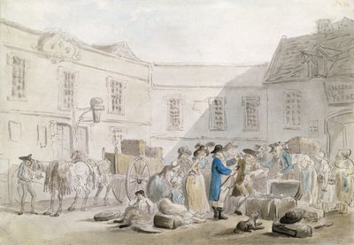ブローニュの税関（ペンと紙に鉛筆の上に灰色のインクが付いたトイレ） 作： Thomas Rowlandson