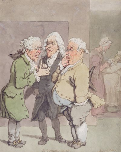 ドクターズコンサルテーション、1815-1820（紙に黒鉛の上にペンとインクとトイレ） 作： Thomas Rowlandson