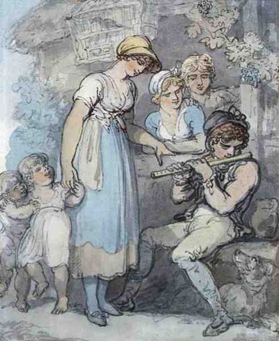 フルート奏者」（紙にペン、水彩、鉛筆 作： Thomas Rowlandson