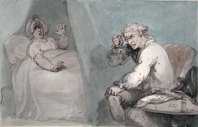 ザ・ゲーマー・ゴーイング・トゥ・ベッド」（水彩、ペン＆インク、紙） 作： Thomas Rowlandson