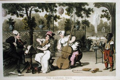 1812年に出版されたWilliam Combeの「The Tour of Dr Syntax in search of the Picturesque」から「The Garden Trio」（アクアチント）。 作： Thomas Rowlandson