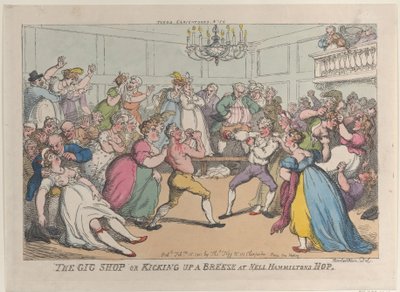 The Gig Shop or Kicking Up a Breeze at Nell Hammiltons Hop、1811 年 2 月 16 日、1811 年 2 月 16 日。 作： Thomas Rowlandson