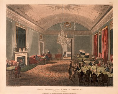 グレートサブスクリプションルーム、ブルックスクラブ、セントジェームズストリート、ロンドン、1808 作： Thomas Rowlandson
