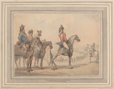 フランスでのヨーク公のキャンペーンのための行進の衛兵 作： Thomas Rowlandson