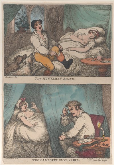 The Huntsman Rising、The Gamester Going to Bed、[1809 年 7 月 31 日]、...、[1809 年 7 月 31 日]、1811 年に再発行。 作： Thomas Rowlandson
