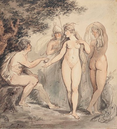 パリの審判 左下にサイン「Rowlandson」 ペン、茶インク、水彩 7 ¼ x 6 ¾ in.(18.4 x 17.2 cm.) 作： トーマス・ローランドソン